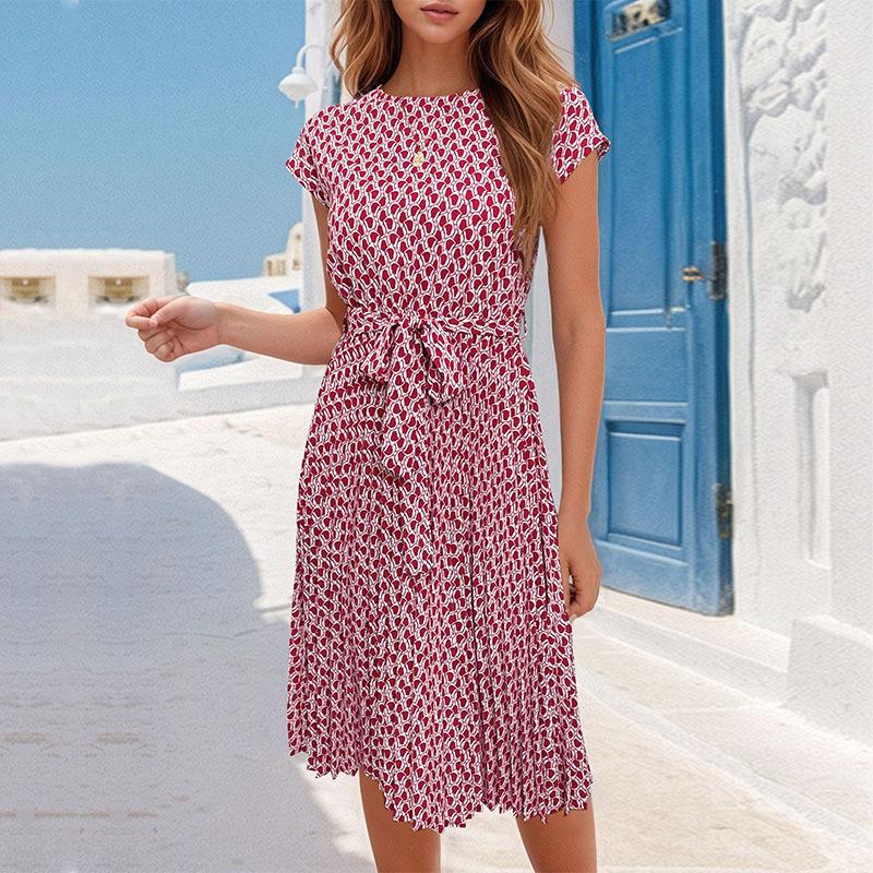 Abito plissettato con stampa moda estiva da donna con cintura