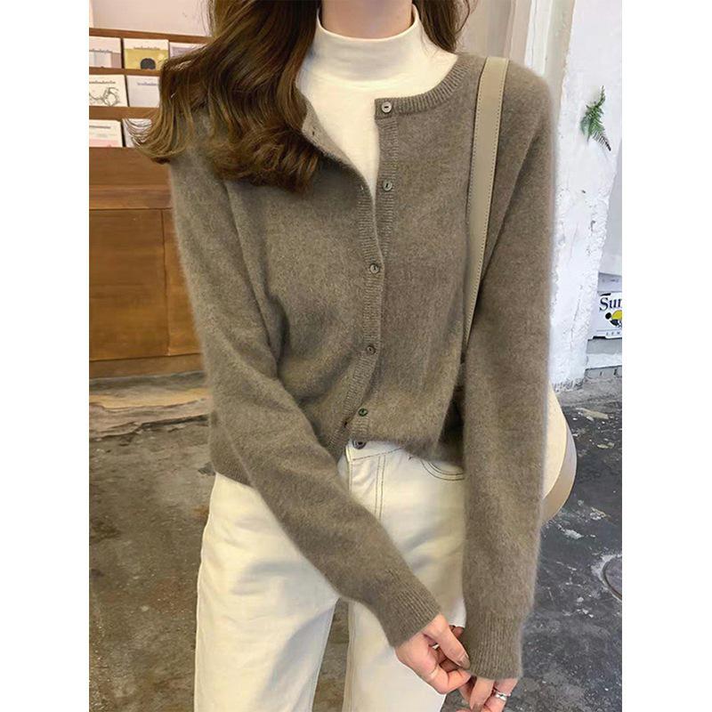 2026 Spring/Autumn Women's Korean Style 100% Pure Wool Cardigan - Round Neck, Thin Cashmere Knit Sweater Coat