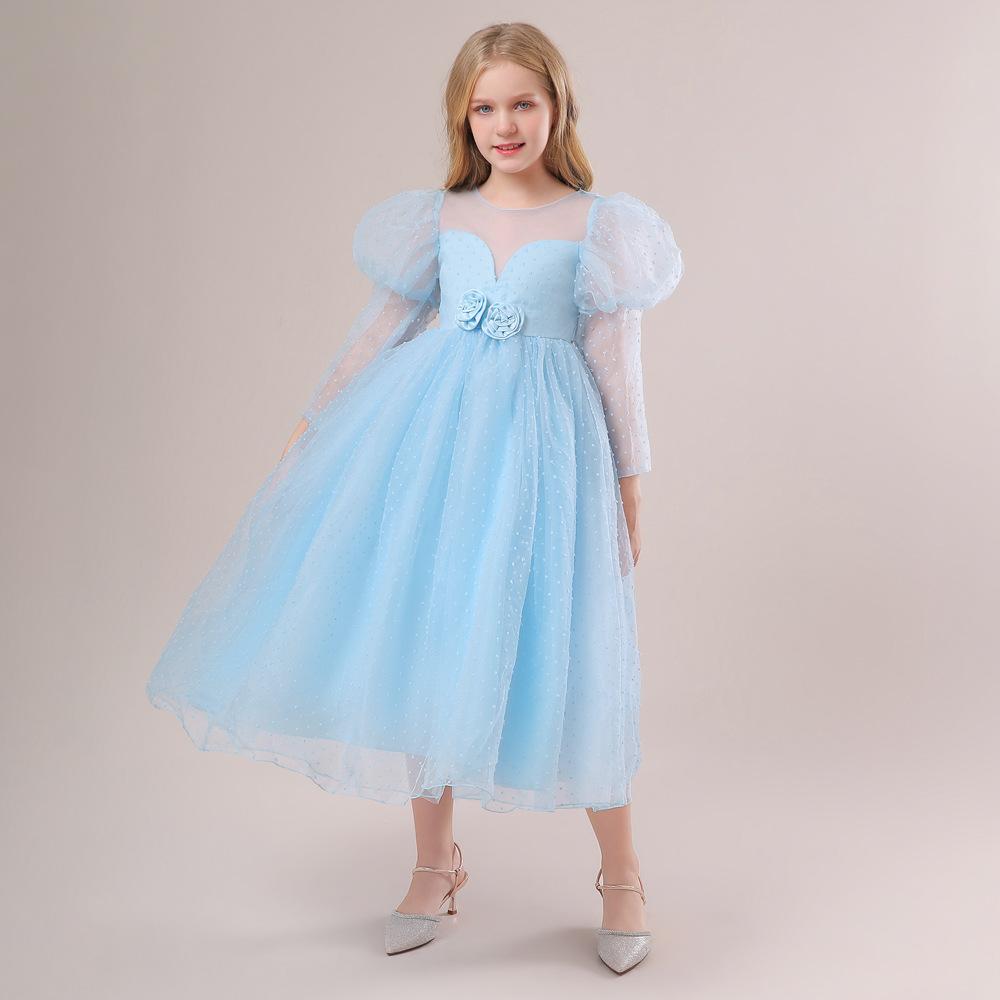 4-14 Years Girls Stereo Flower Gigot Sleeve Tie Back Mesh Party Sequins Bridesmaid Wedding Floral Plain Dress 2023