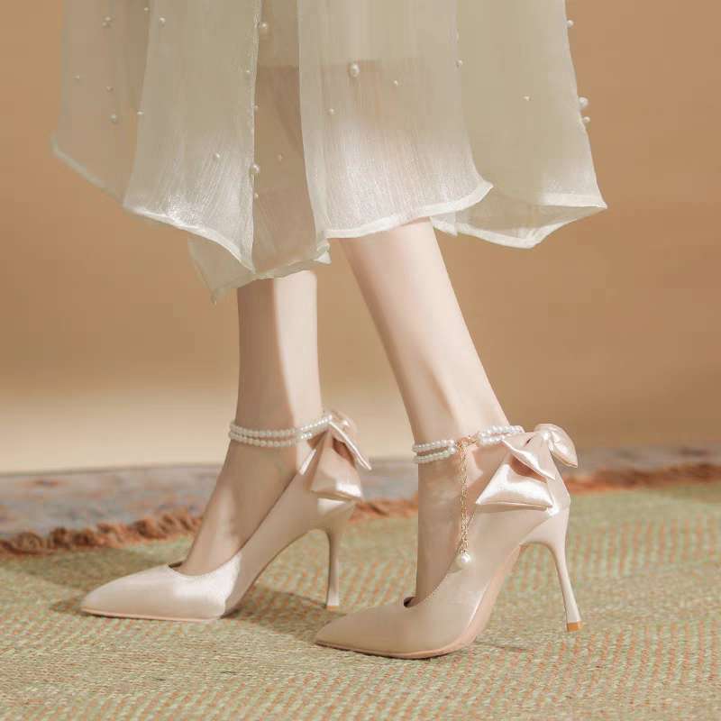 French white high heels women's 2025 autumn stiletto wedding shoes with skirt satin wedding shoes bow pointed single shoes