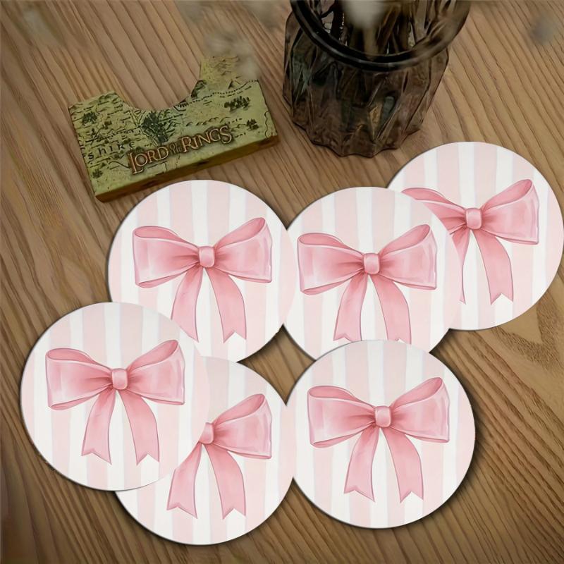 2 Or 6Pcs/Set Non-Slip Pink Bow Print Car Cup Holder Coasters Universal Fit Interior Accessories