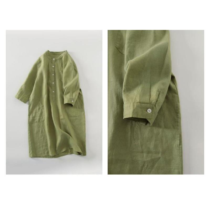 Abito Chemisier in Cotone e Lino Traspirante Collo Alto Manica 3/4 Abbottonatura Frontale Vestibilità Larga Taglie Forti Abito Lungo con Tasche Casual Quotidiano da Vacanza