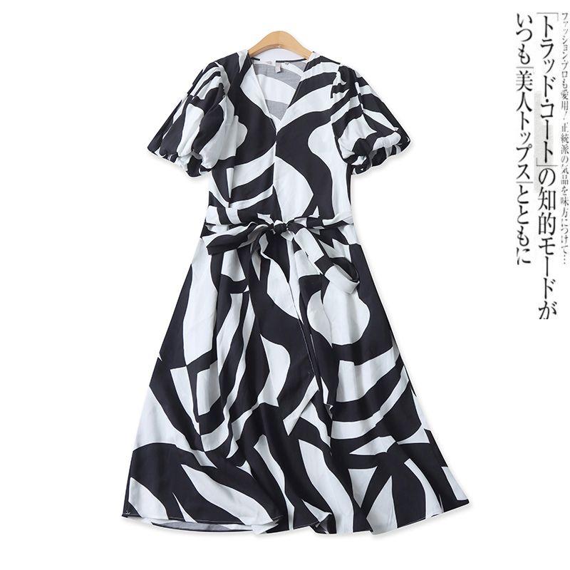 

Woven Cotton Dress Summer New Arrival Foreign Trade Women s Clothing Fashion V Neck Fitted Waist Lantern Short Sleeve Pullover Dress 17603 Black and white stripes XS