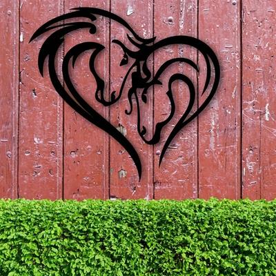 1pc Silhouette Double Horse Head Metal Wall Art – Heart-Shaped Black Metal Hanging Decoration for Home, Bedroom, and Living Room
