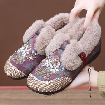 Mocasines de Invierno Cálidos Bordados para Mujer Zapatos Forro de Pelo Sintético Botines Cortos al Tobillo Zapatos Cómodos Casuales para Caminar Botines de Nieve Antideslizantes Zapatos Planos para Mujer