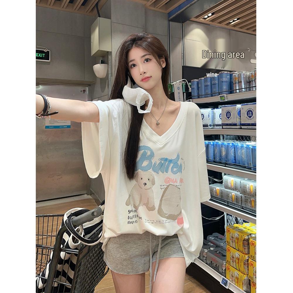 2025 Summer New Women's Influencer V-neck Loose Cartoon Print Short Sleeve T-shirt