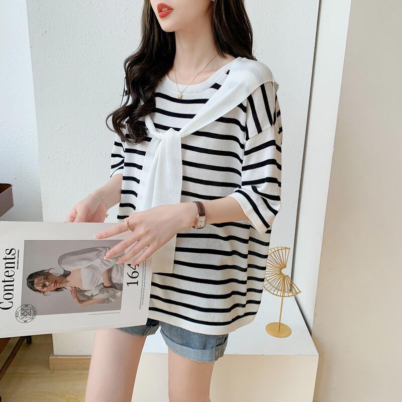 

ITISF4 Women s Summer Striped Fake Two-Piece Short-Sleeve T-Shirt One Size