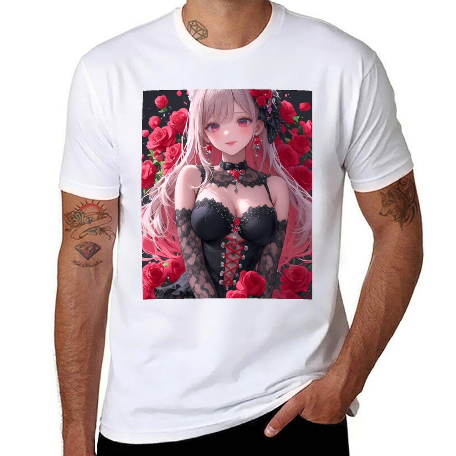 Anime Sexy Pink Haired Cat Girl Red Roses Black Lace Corset Sweet Fantasy Allure TShirt Funny tshirt Unisexs t shirts S