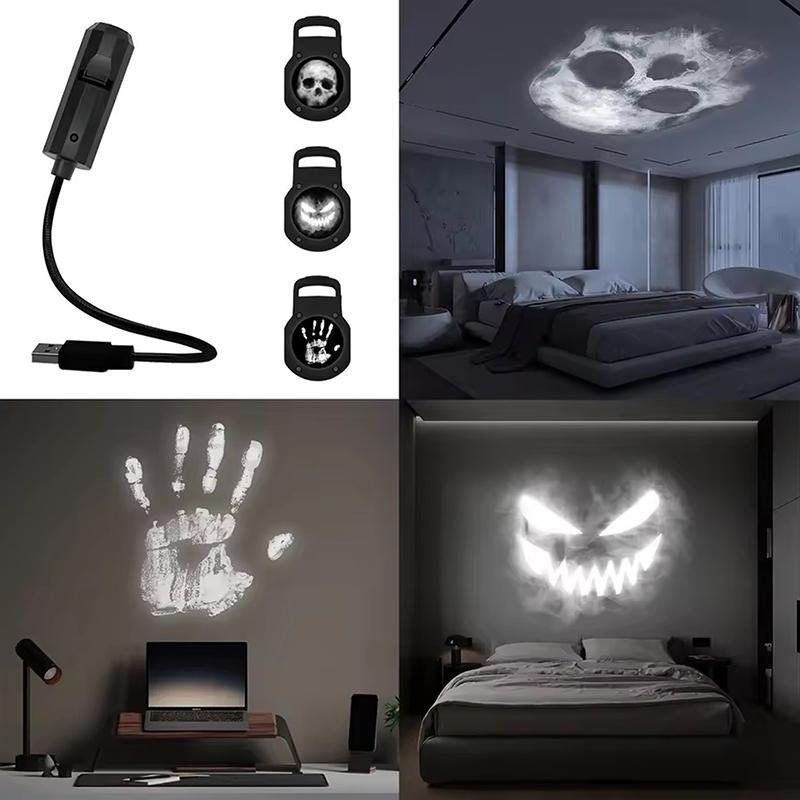 1Pc Skull Projection Lamp With 4/6 Switchable Pattern Design Led Night Light For Room Wall Ceiling Decoration Halloween Gift