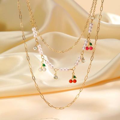 Wind Girl Niche Stainless Steel Imitation Pearl Cherry Three-Piece Necklace, Jewelry Nc-2382