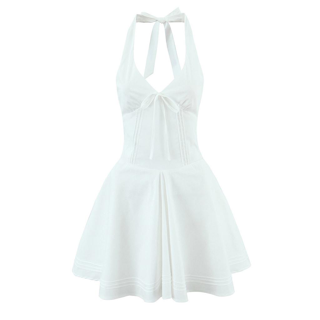 Pure Desire Style White Age-reducing Waist Sexy Backless A-word Short Skirt Women's Deep V-neck Back Strap Neck Dress Summer