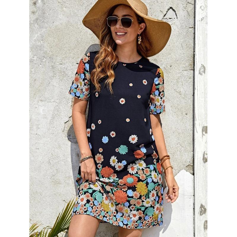 

Women Floral Print T Shirt Dress Round Neck Short Sleeve Loose Casual Summer Beach Daily Mini Dress S темно-синього кольору