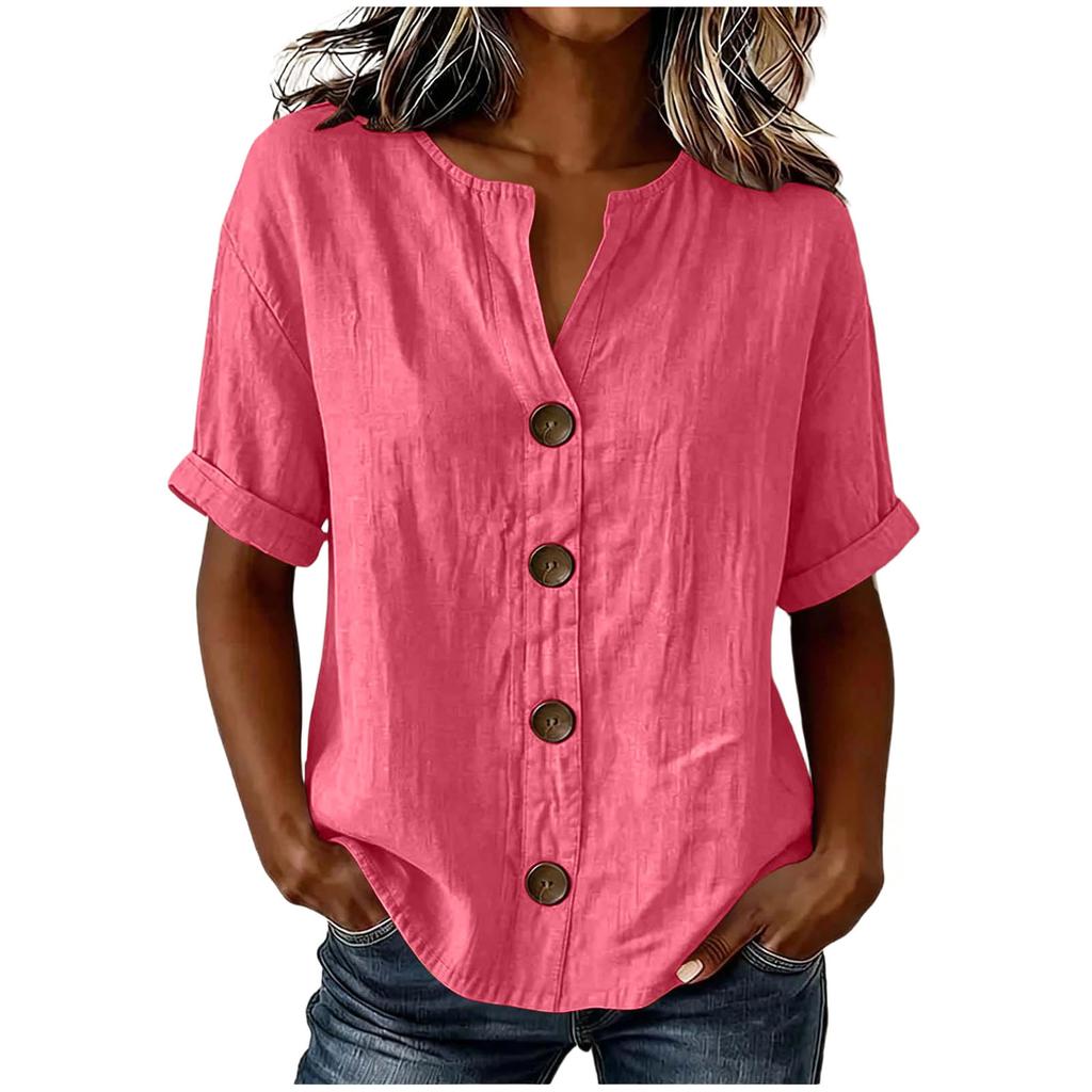 Women'S Elegant V Neck Short Sleeve Button Down Cotton Linen Blouse, Solid Color Summer Office Casual Top