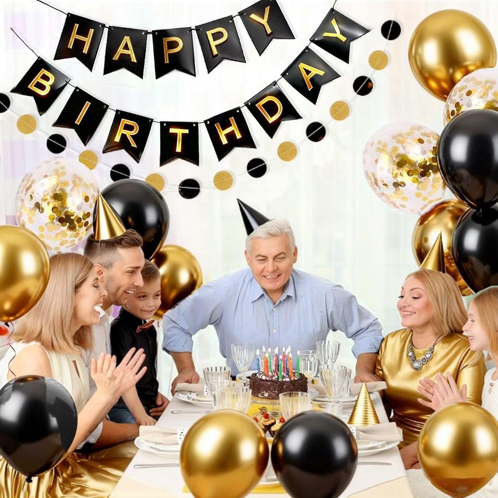 Black Happy Birthday Banner, Black and Metallic Gold Balloons for Birthday Celebrations