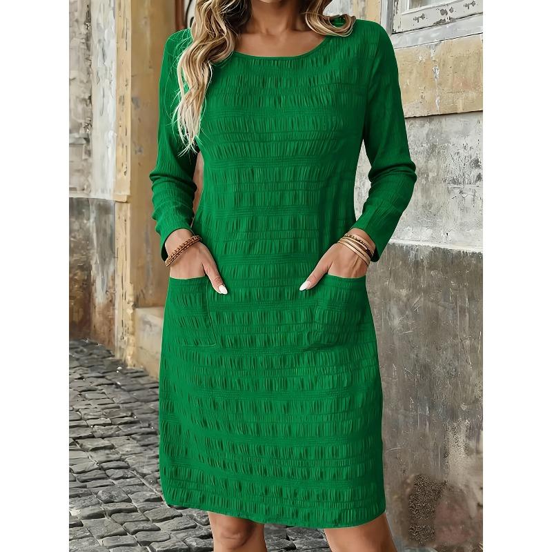 BFCCQB Women's Fashion Autumn Winter Solid Color Print O-Neck Long Sleeve Casual Dresses