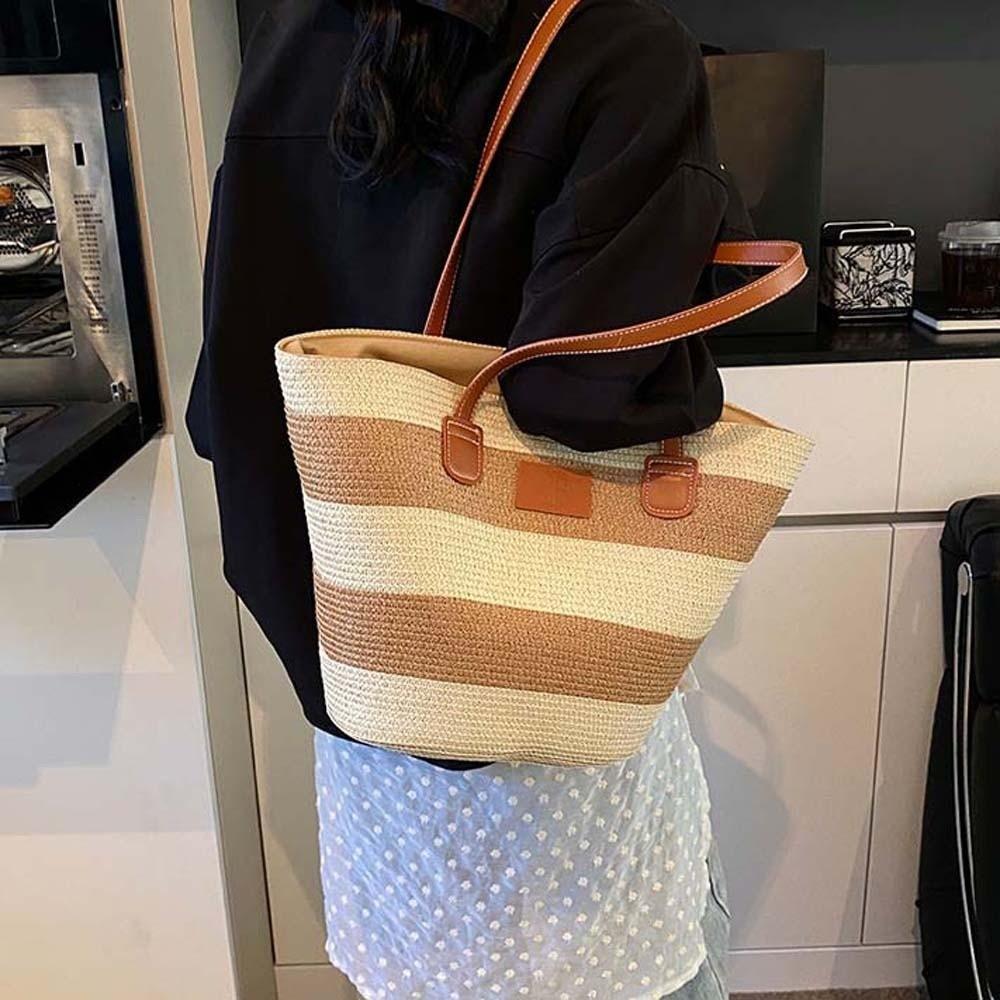 Polyester Stripe Woven Tote Bag Large Capacity Summer Beach Handbag Shopping Straw Bag  Daily