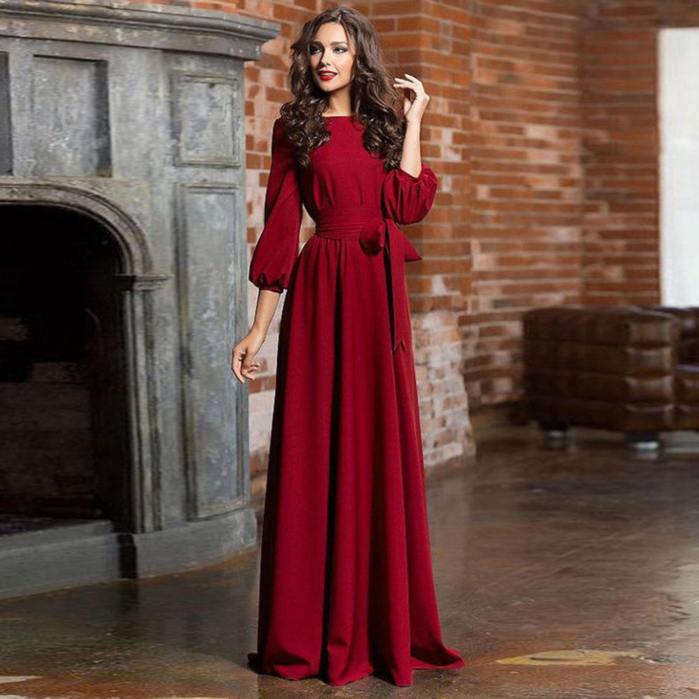 2019 Bohemian Long Dress with Retro Round Neck and Lantern Sleeves