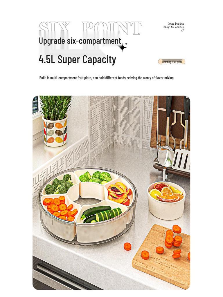 Six-Compartment Rotating Fruit Plate with Handle, Moisture-Proof Lid, Dried Fruit & Spice Box, Round Snack Container