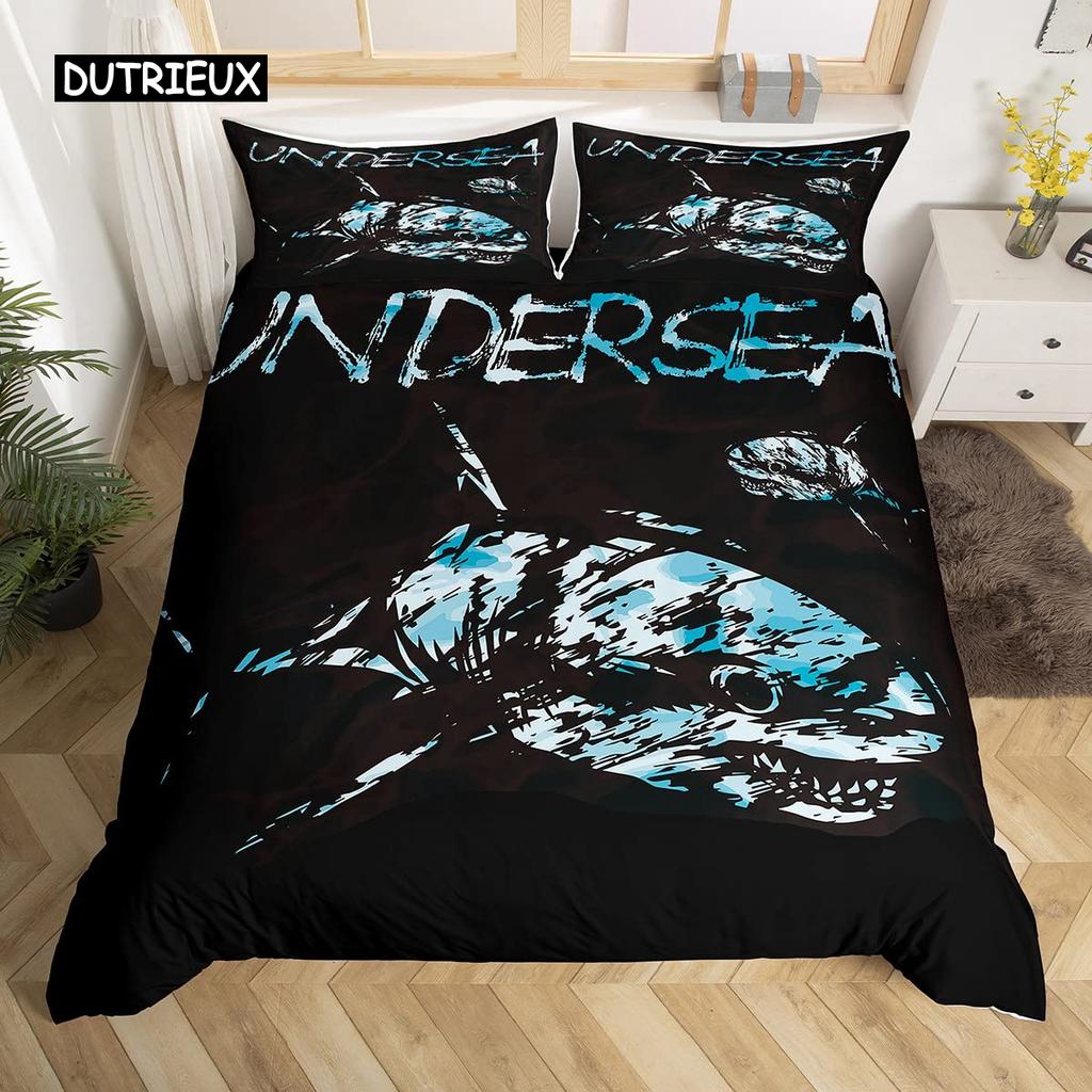 Shark Duvet Cover Set Deep Sea Animal Bedding Set Cartoon Ocean Sharks Colourful Hand Drawn Comforter Cover For Kids Boys Girls