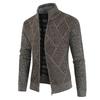 Men's Korean geometric pattern fleece thickened cardigan stand-up neck knitted sweater wool jacket