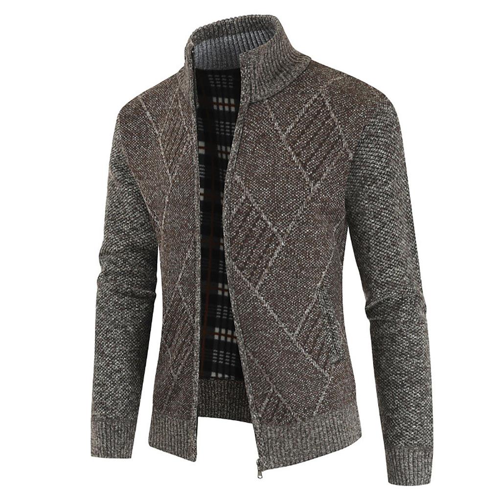 Men's Korean geometric pattern fleece thickened cardigan stand-up neck knitted sweater wool jacket