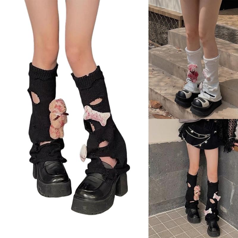 Aesthetic Vintage Ripped Hole Knitted Leg Warmer for Women Harajuku Streetwear Punk 3D Bloody Bear Leg Sleeve Cover