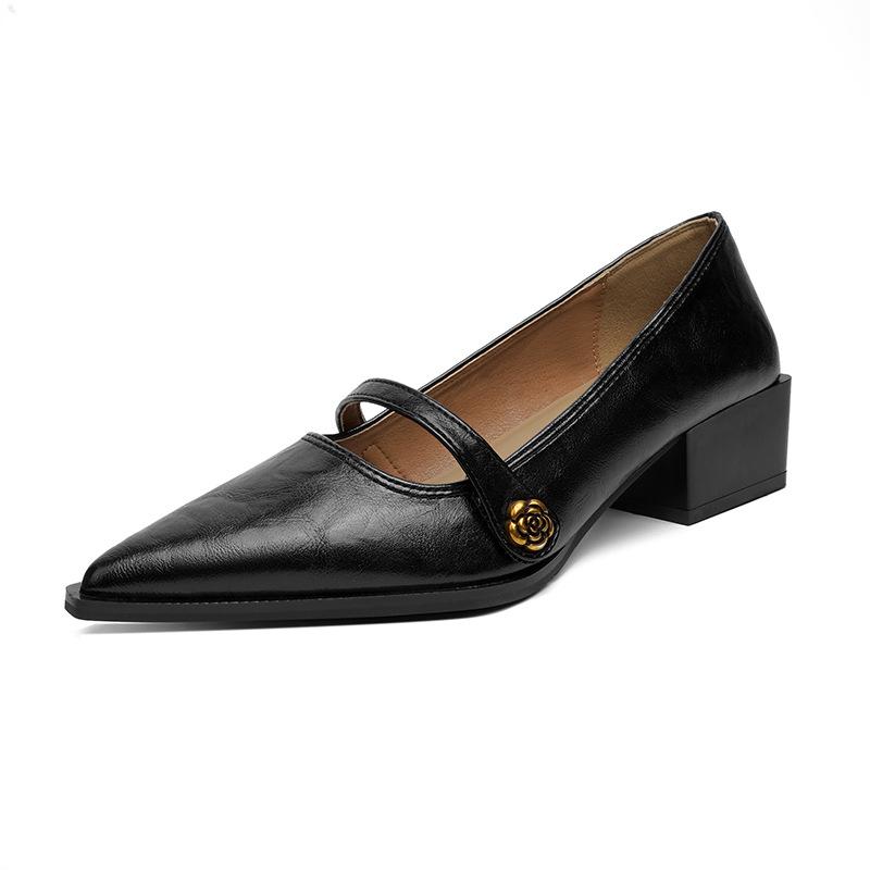 

Кожаные туфли на плоской подошве Yuexinwang для женской обуви Huizhou Su Yinyin, такие же одинарные туфли, женские туфли с острым низким каблуком, новые весенние туфли для бабушек 35 чёрный