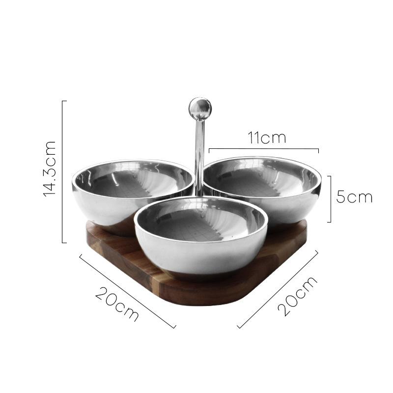 

Creative Snack Bowl Electroplated Color Acacia Solid Wood Base With Handle Triangular Stainless Steel Nut Snack Bowl