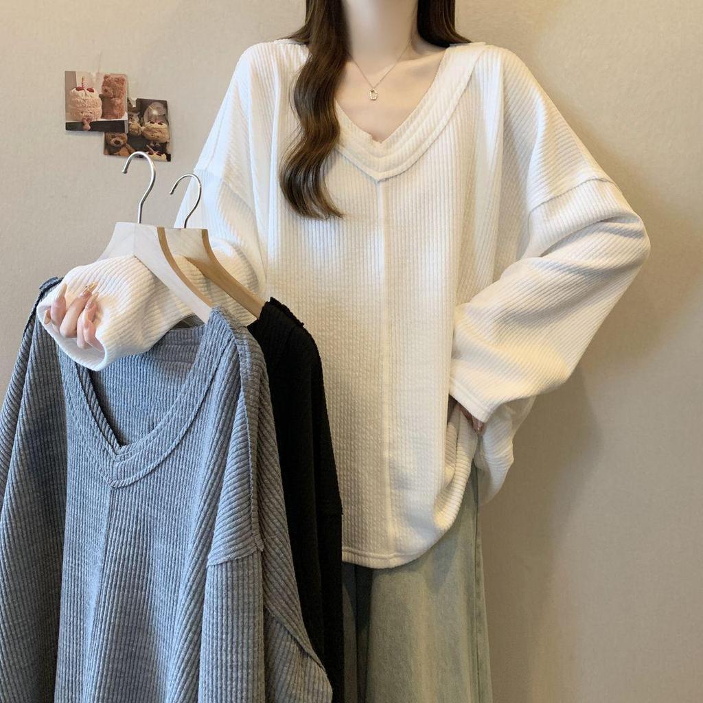 Ribbed V-Neck Long-Sleeve Women's Loose T-Shirt, 2025 Autumn Collection