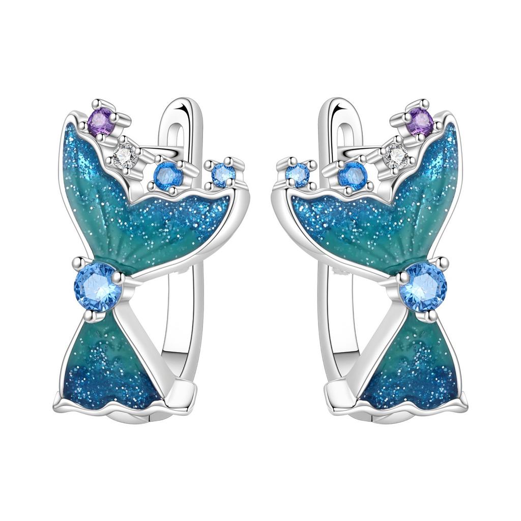 Luxury Blue Dolphin Feather Starfish Hoop Earrings Elegant Wind Ear Jewelry For Women Fashion Accessories
