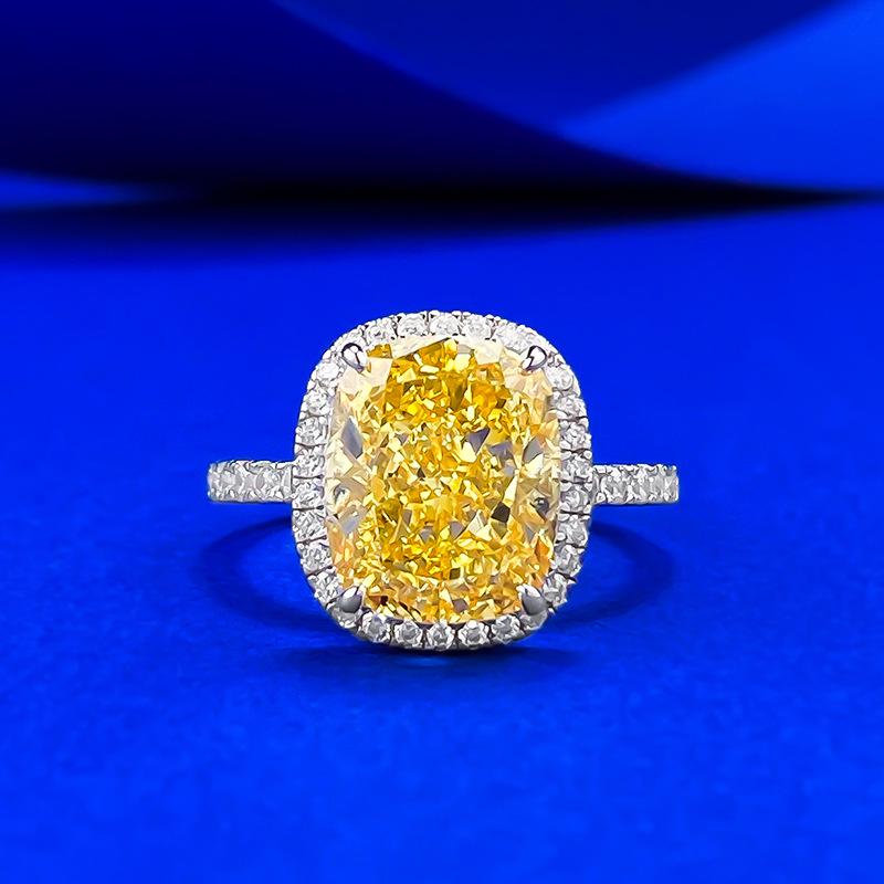 European-American Style High Carbon S925 Silver Ring with Yellow Diamond Ice Flower Design