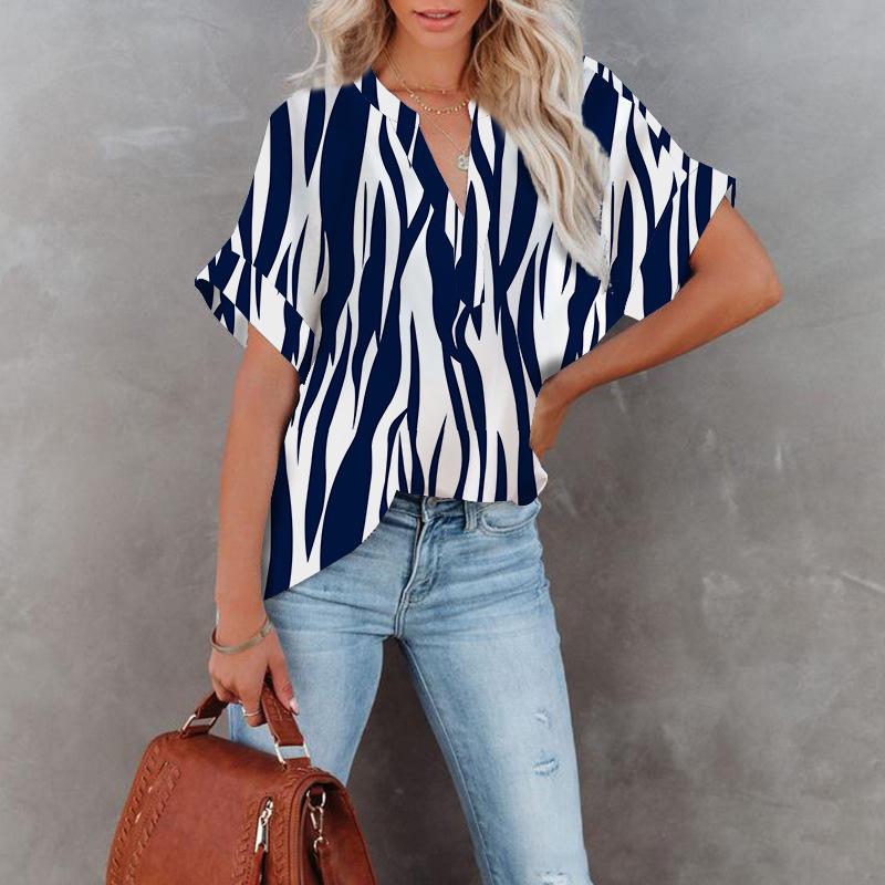 Women V Neck Plaid Print Flared Short Sleeve Loose Blouse S