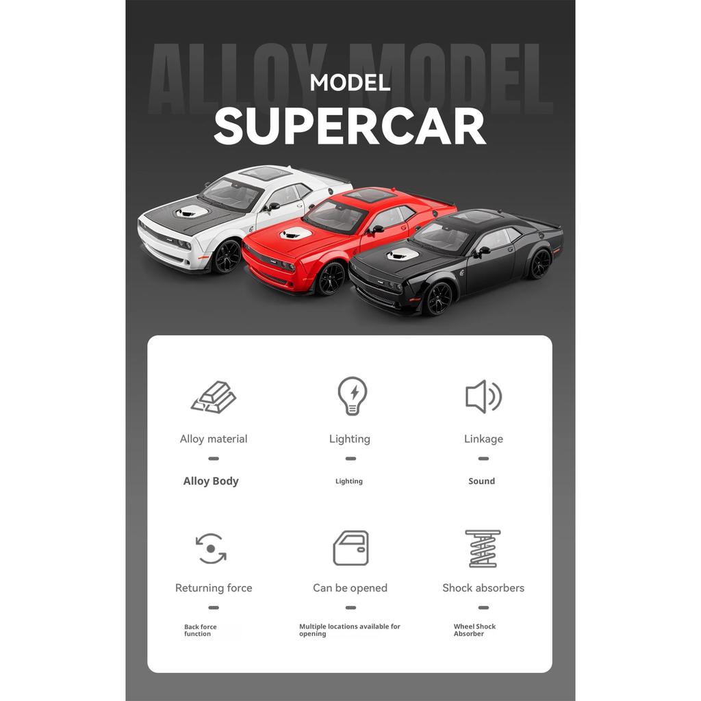 Modellino di Auto Dodge Hellcat in Metallo pressofuso Scala 1/18 con Suono di Avviamento Simulato, Decorazione da Collezione, Regalo di Compleanno per Ragazzi