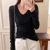 Unique and beautiful v-neck tulle slightly transparent knitted sweater women's early spring new slim-fit sunscreen blouse pink bottoming top