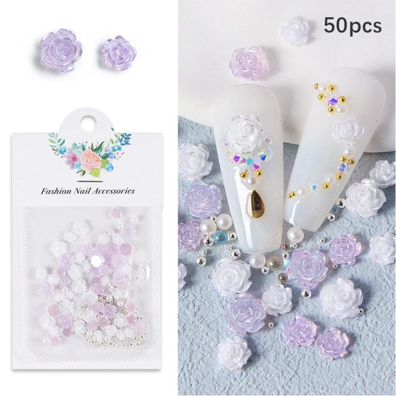 50Pcs Rose Flower Nail Art Decorations with Mini Pearls Resin Flower Nail Art Charms for DIY Acrylic Nails Bride Nail