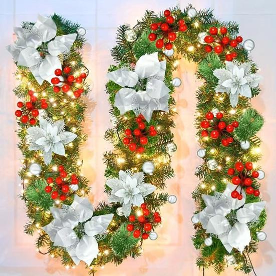 180CM Artificial Christmas Garland with Light Simulation Flower Holly Berry Red Balls Fake Rattan Mantle Fireplace Porch Indoor Outdoor Decoration