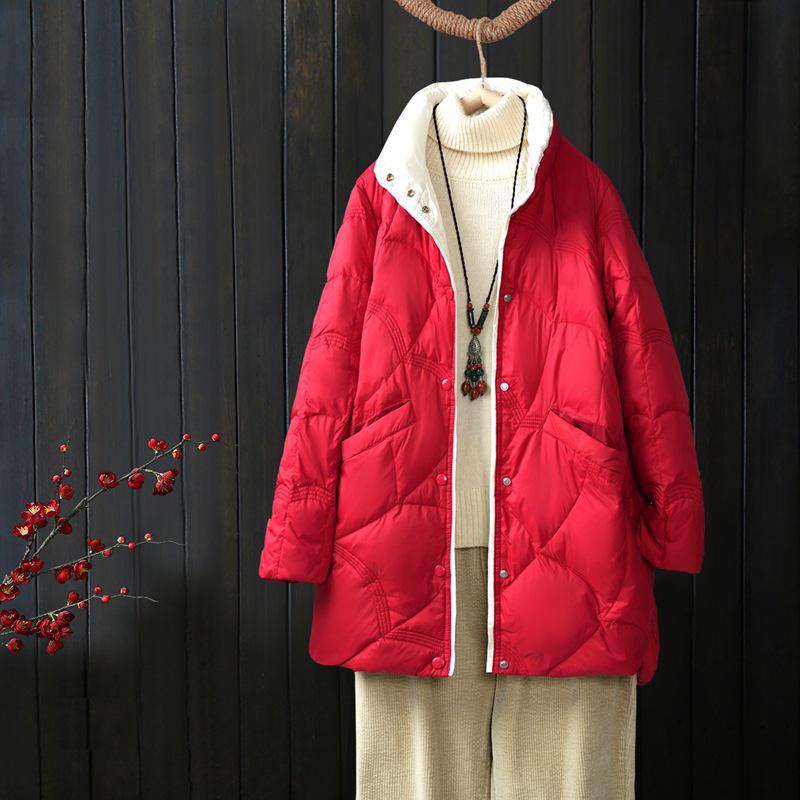 Women's Mid-Length Retro Chic Lightweight Down Jacket - Auspicious Clouds Stand Collar Design