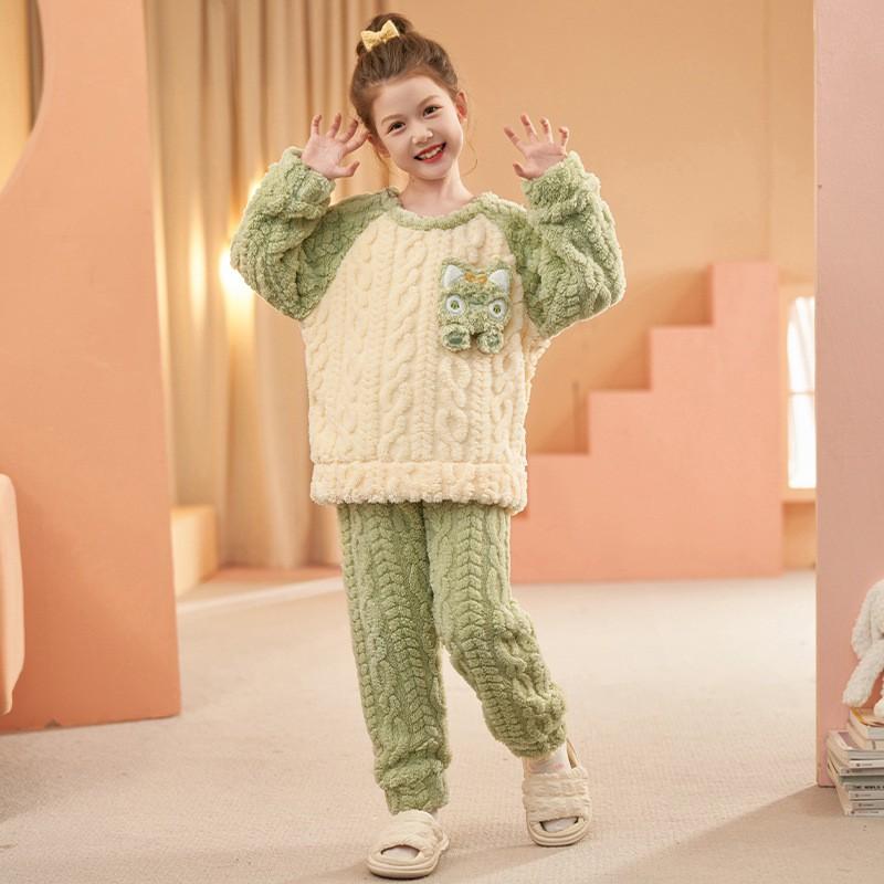 Girls Winter Coral Fleece Pajama Set Thick Warm Sleepwear Ages 8 Cartoon Animal Print Home Outfit