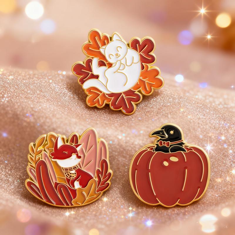 Thanksgiving Tiere Emaille Anstecknadeln Herbst Katze Fuchs Krähe Anstecknadeln Reversabzeichen Cartoon Blätter Schmuck Geschenk für Kinder Freunde
