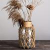 Rustic Hanging Glass Vase with Rope Net – Transparent Flower Vase with Hemp Rope for Home, Living Room & Table Decoration