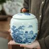 Chinese style retro ceramic blue and white tea jar, home decoration flower tea sealed storage without cross flavor
