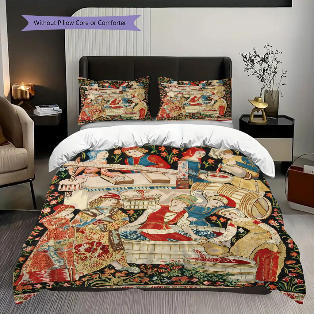 Medieval Court Life and Grape Harvesting Bedding, Duvet Cover, Pillowcase, Home Decoration, Birthday Gift (1 * Duvet Cover+2 * Pillowcase, Coreless)