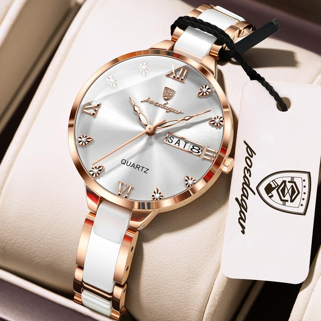 POEDAGAR Fashion Elegant Women Watches Week Date High Quality Waterproof Ladies Quartz Watch Stainless Steel Watch +Box