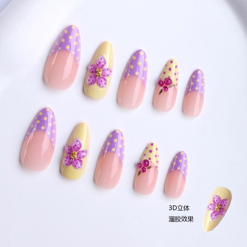3D Gel Nail Tips With Floral Polka Dot French Almond Shape Press-On Nails Women