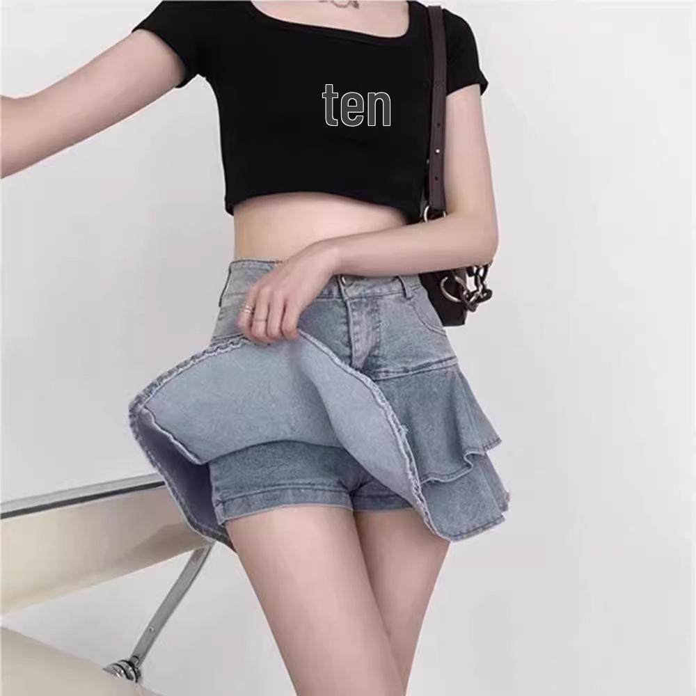 

Spicy Girl High-Waisted A-Line Ruffled Denim Skirt S (26) for 85-95 lbs