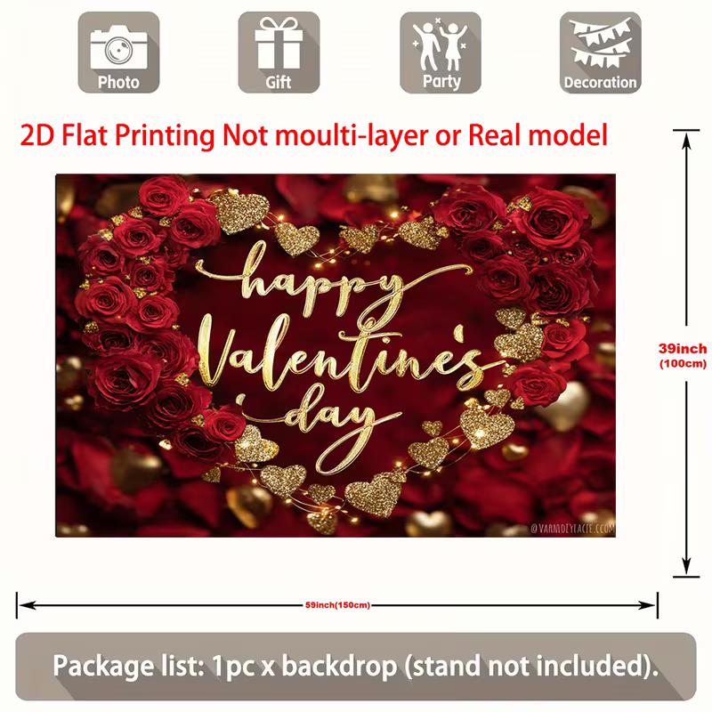 2D Happy Valentine's Day Banner, Red Rose & Gold Glitter Heart Background for Valentine's Photo Booth