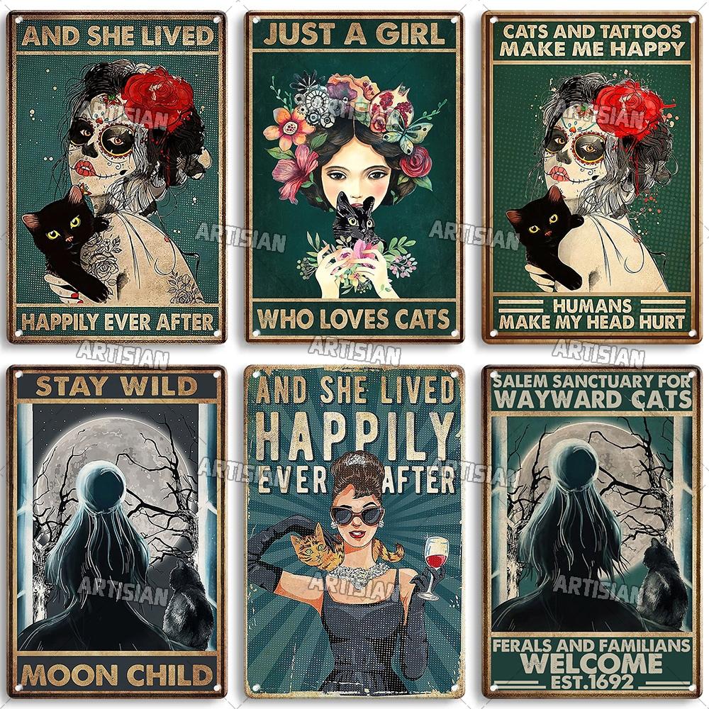 Artisian Halloween Metal Plaque Girl And Cat Tin Sign Black Cat Decorative Plate Wall Decor Garage Bar Pub Club Hotel Kitchen