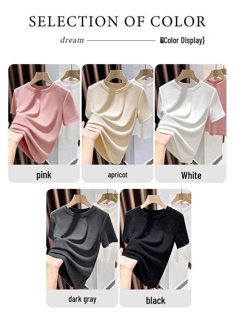 Silver Sparkle Plus Size Double-Sided Brushed Corduroy Short-Sleeve T-Shirt for Women – High-End Feel, Inner Layer, Thick Base Layer Top