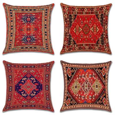 4 Stück beidseitige persische Kilim-Kissenbezüge, rote böhmische Stammes-Geometrie-Kissenbezüge (Keine Einlagen)