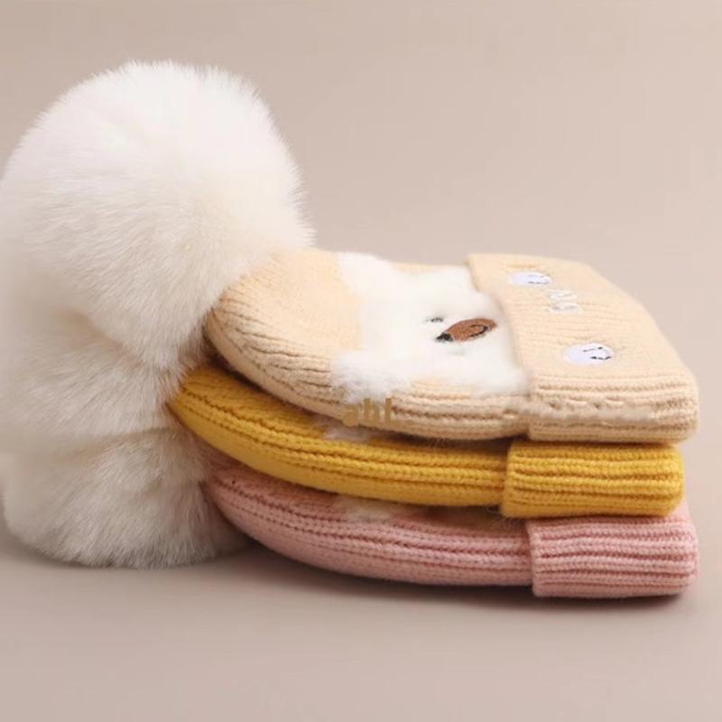 Niedliche Plüschkugel Baby Wollmütze Cartoon Bär Kinder Ohrenschutz Mütze 0-2 Jahre Kinder Winter Warme Überziehmütze Gestrickte Beanies